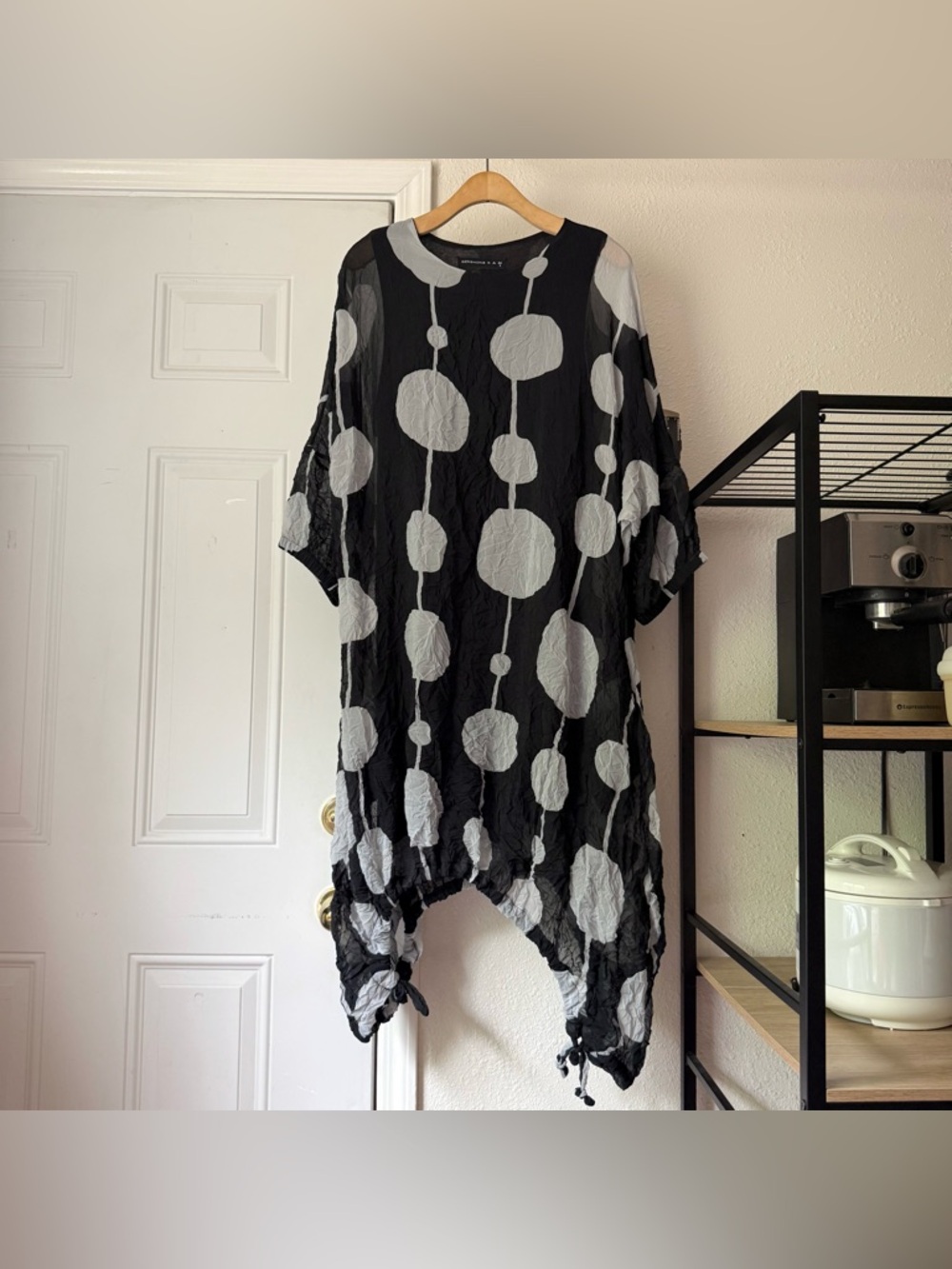 GERSHON BRAM black white polka dot crinkle wrinkle lagenlook balloon midi dress